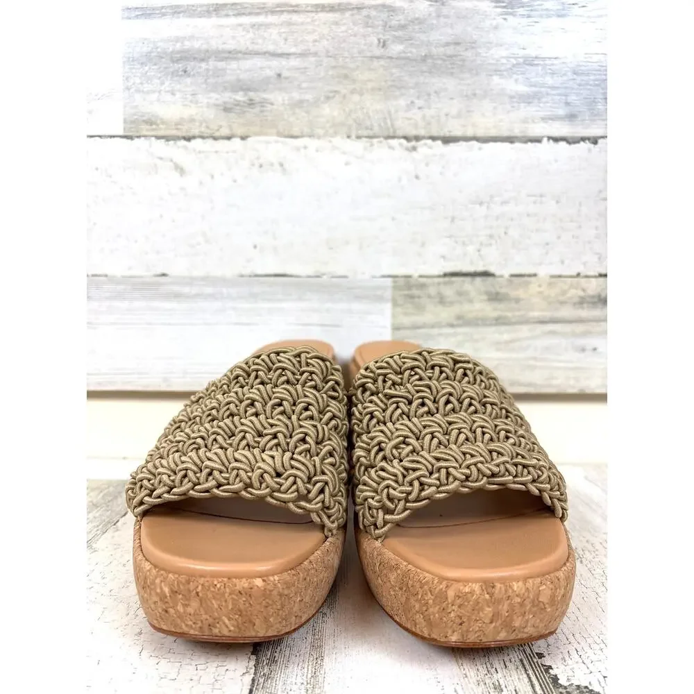 Vince Womens 7 Tan Nicki Crochet Knotted Cork Platform Slip On Heeled Sandals